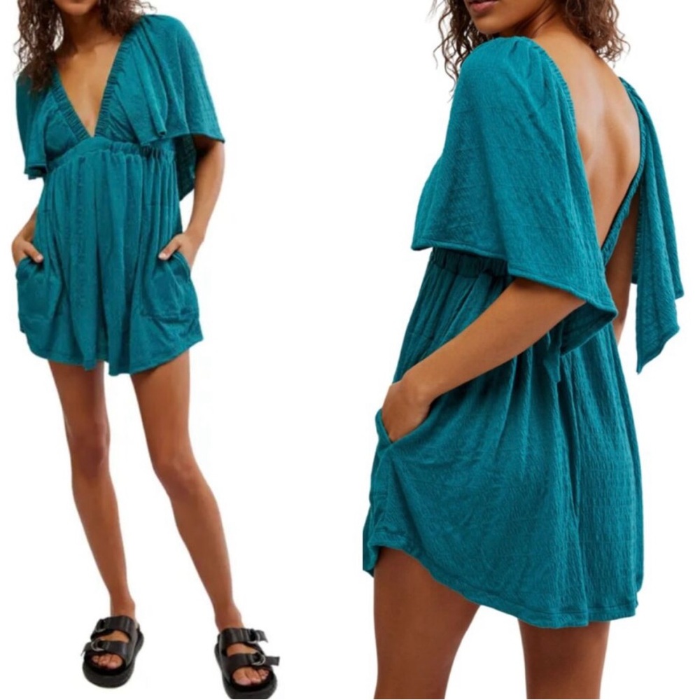 Free People Beach Teal Romper with Pockets Size L, excellent condition